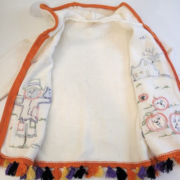 Halloween Pumpkin Sweater Hooded Youth 6/6X Scarecrow House Bat Full Zip Tassels - Picture 9 of 15